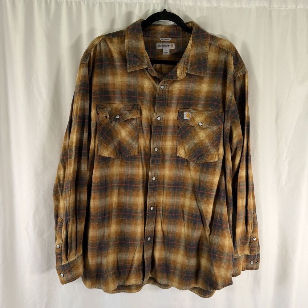 Carhartt Pearl Snap Flannel Men's 2XL Brown Plaid Relaxed Fit Cotton Blend
